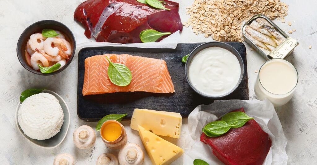B-12 can naturally be found in meats, dairy, seafood, and vegetables like mushrooms and spinach.