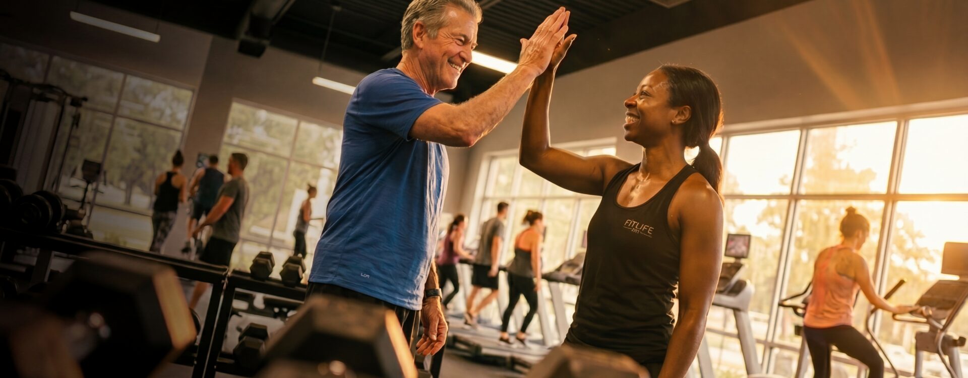 Man on trt happily finishes his workout with his trainer.