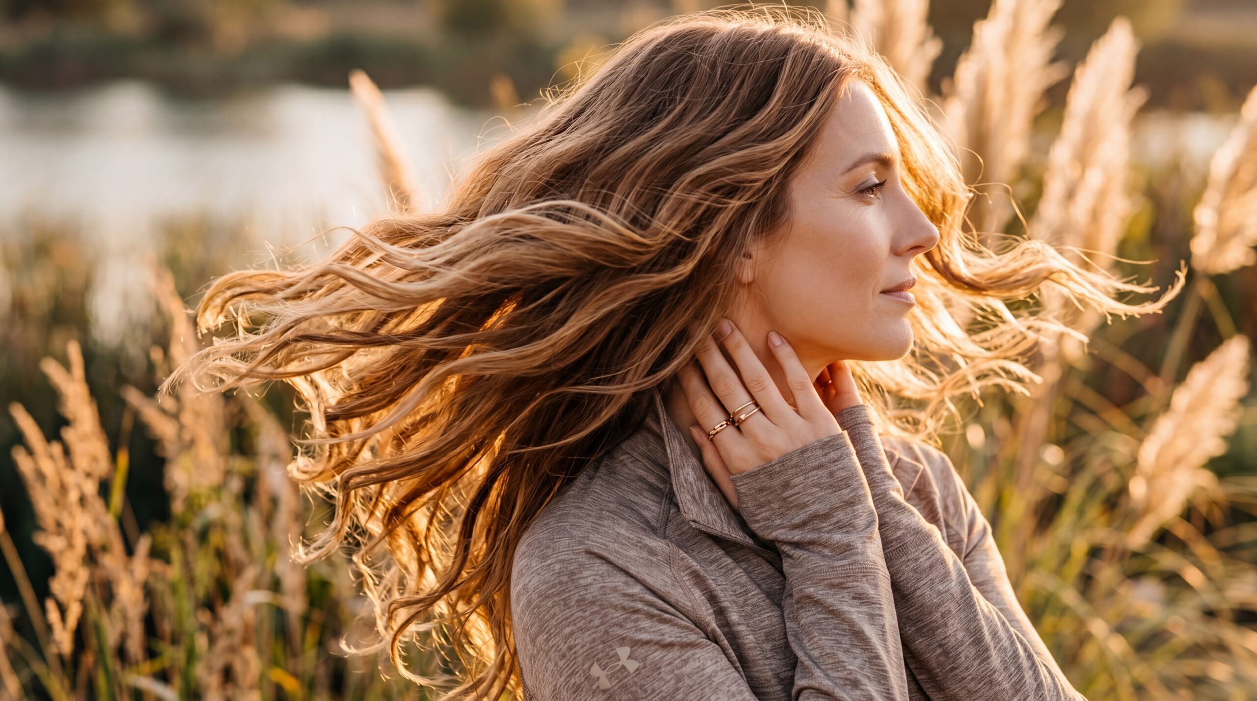 Woman brushing back her hair in natural light — hair loss and hormone imbalance