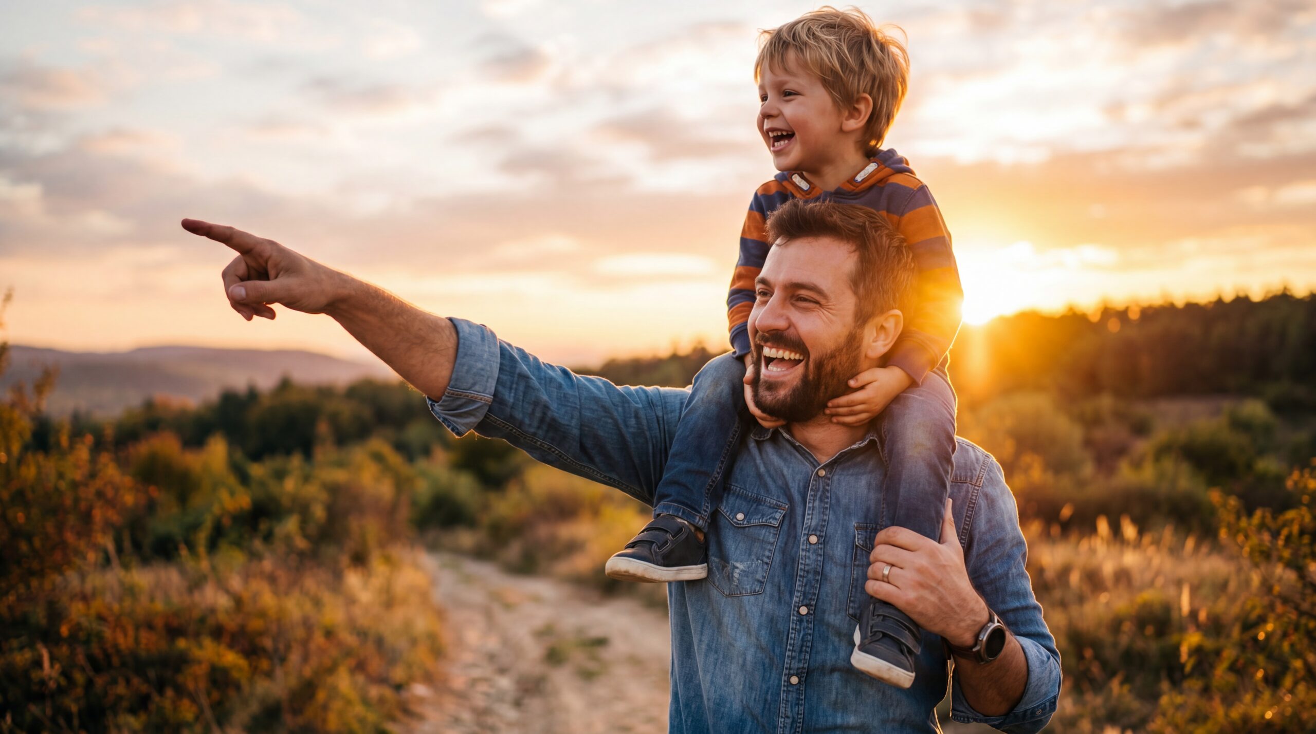 Father laughing as he carries his son on his shoulders outdoors