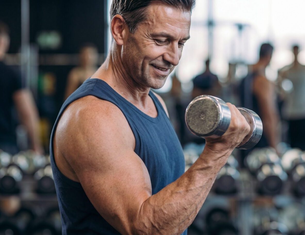 Man lifting weights to rebuild muscle — loss of strength from low testosterone