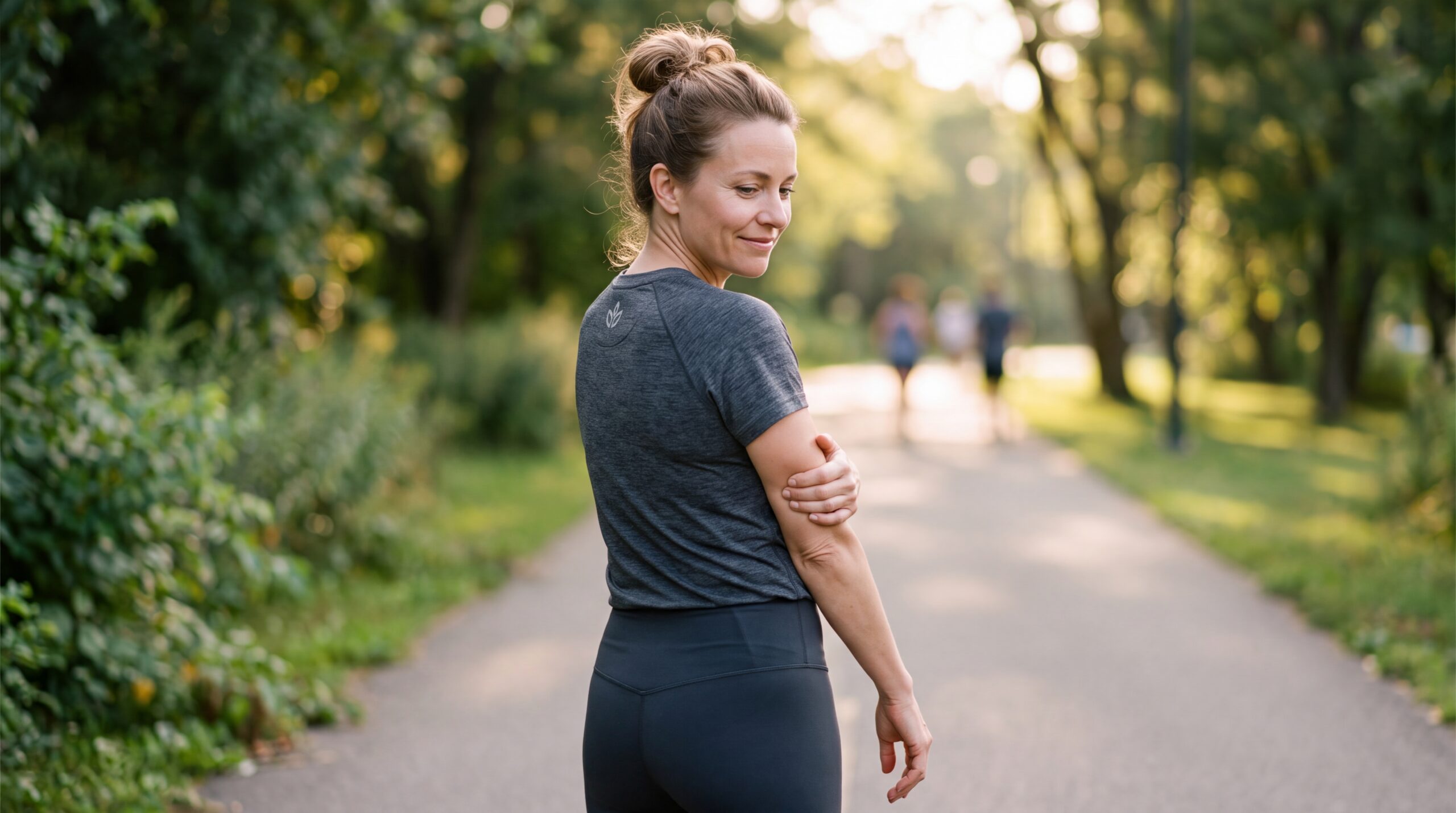 Woman in athletic wear standing confidently — vaginal dryness and intimate health